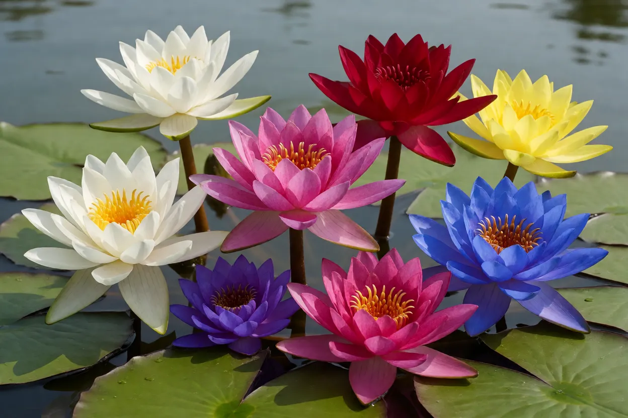 Cole&ccedil;&atilde;o de flores de nen&uacute;far em diferentes cores flutuando na &aacute;gua