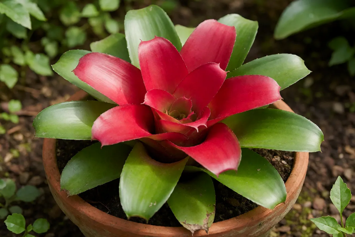 Neoregelia carolinae adulta em vaso com centro vermelho vivo