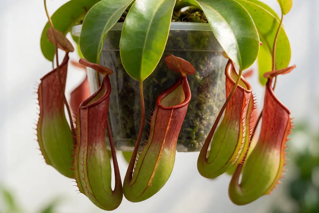 Nepenthes x ventrata adulta com vários jarros pendentes verdes e avermelhados em vaso suspenso