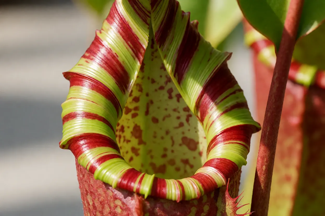 Close-up do peristômio listrado e da tampa de um jarro de Nepenthes