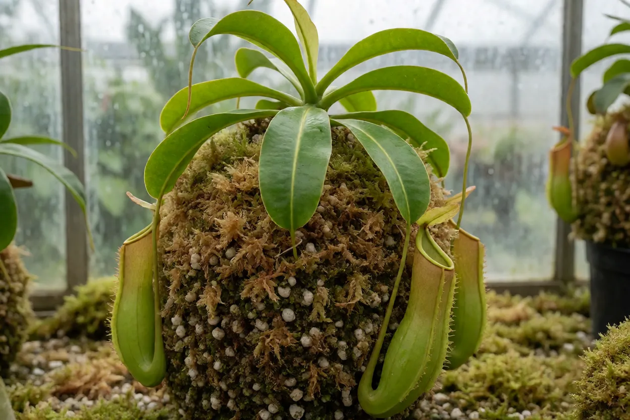 Nepenthes cultivada em vaso com substrato de musgo sphagnum e perlita em estufa úmida