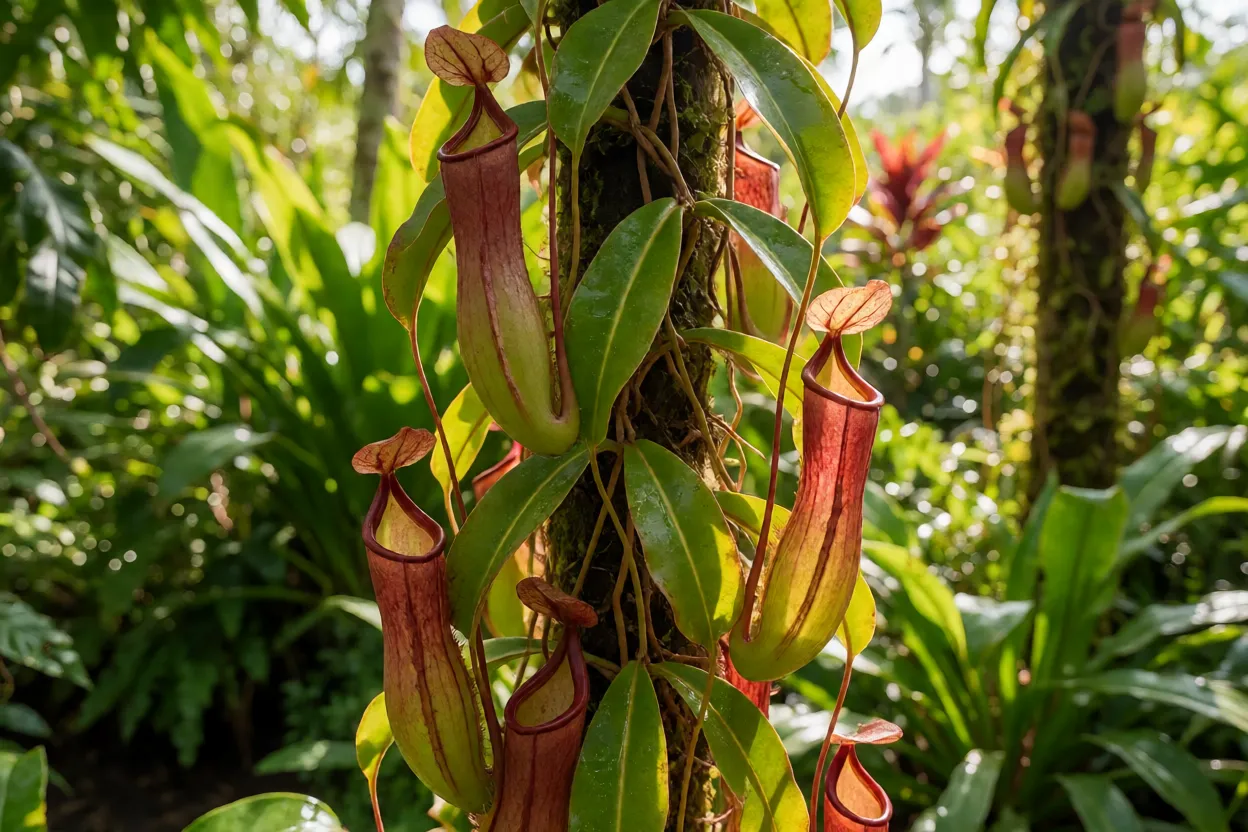 Haste trepadeira de Nepenthes com gavinhas e jarros superiores e inferiores