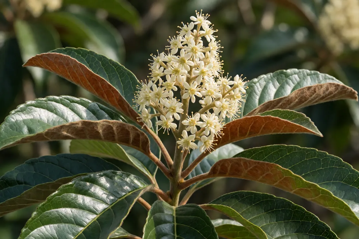 Folhas grandes e flores branco-creme da nespereira em detalhe
