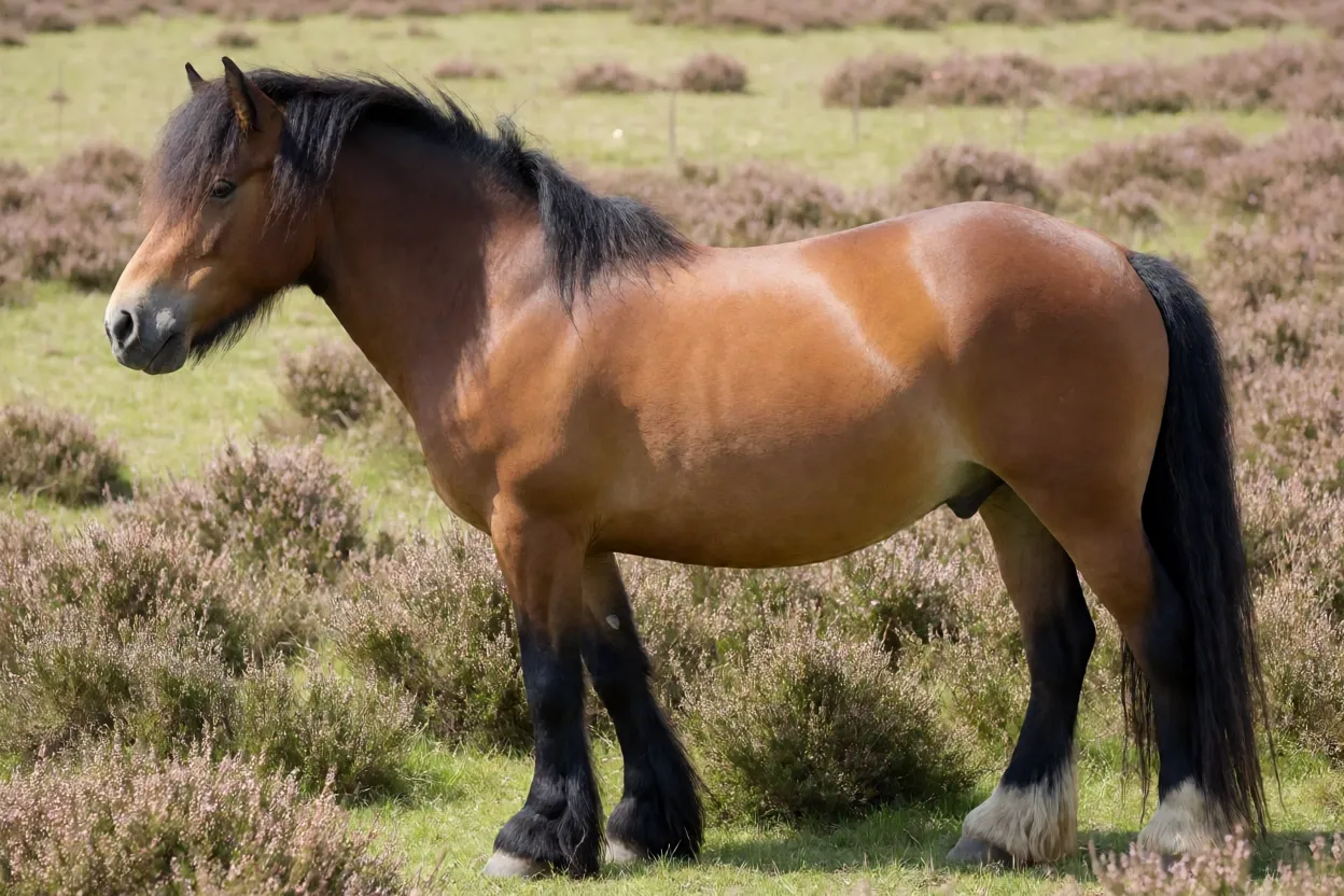 Cavalo New Forest adulto de pelagem castanha em pastagem de charneca, visto de lado