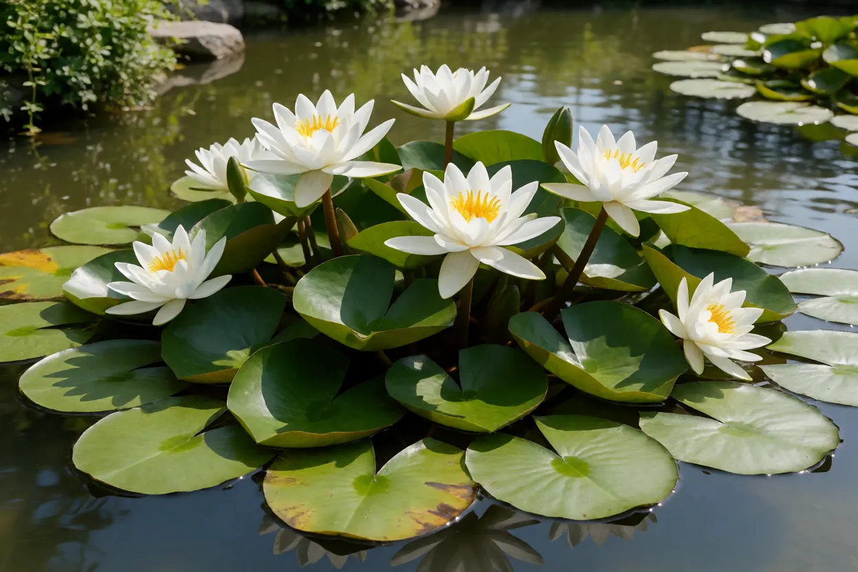 Ninféia-branca adulta flutuando em lago com flores brancas e folhas redondas