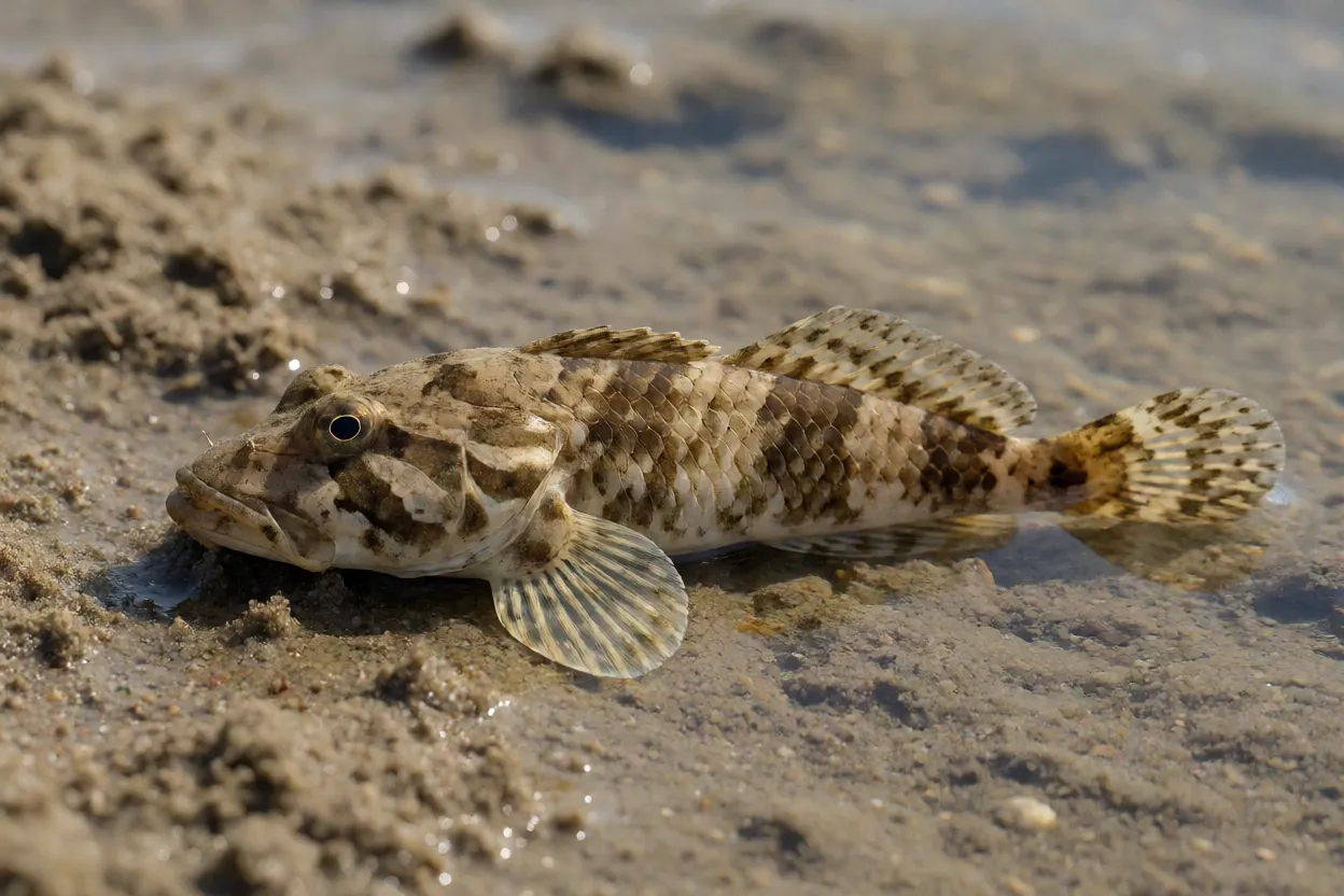 Niquim visto de lado sobre fundo de areia e lama em estuário raso