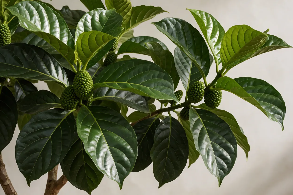 &Aacute;rvore de noni com folhas grandes e frutos verdes