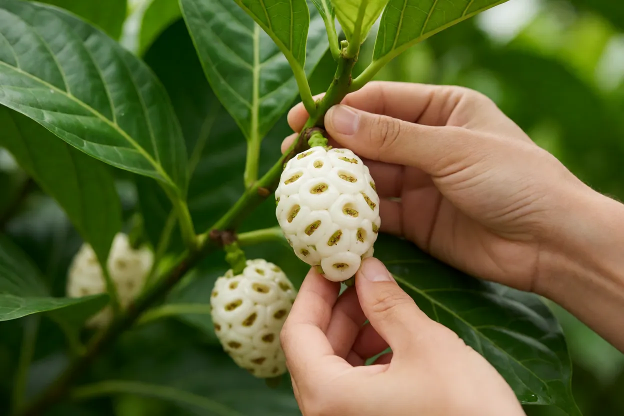 Colheita de frutos maduros de noni