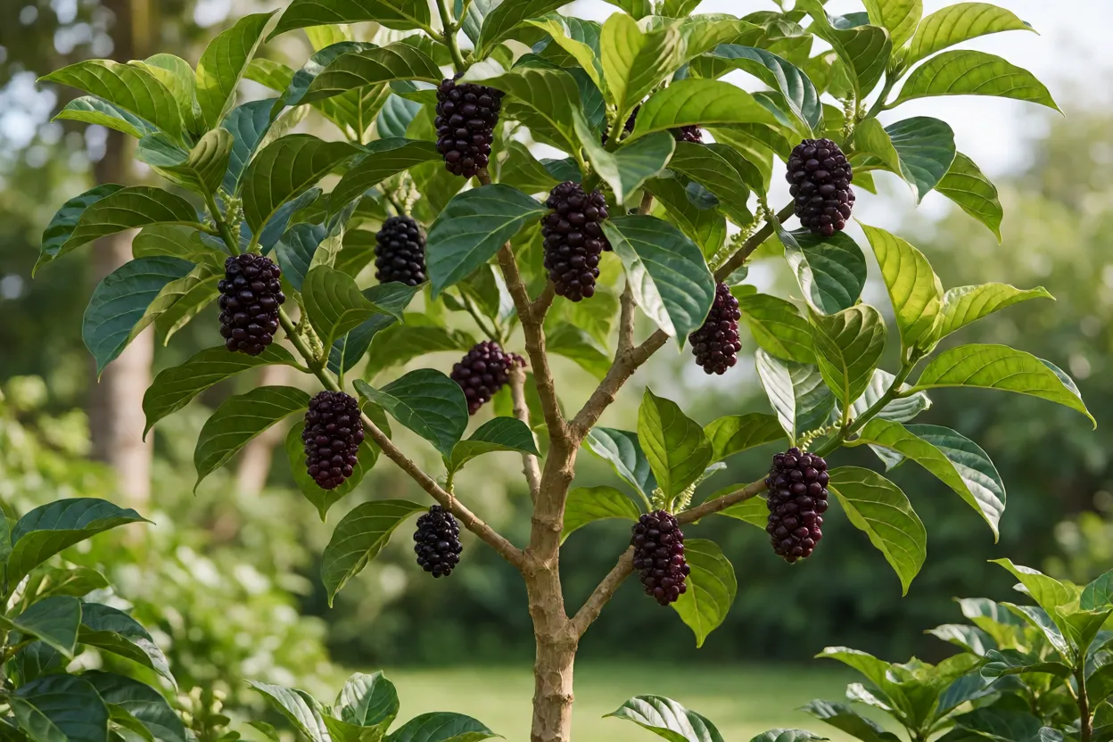 Noni saud&aacute;vel com frutos em jardim