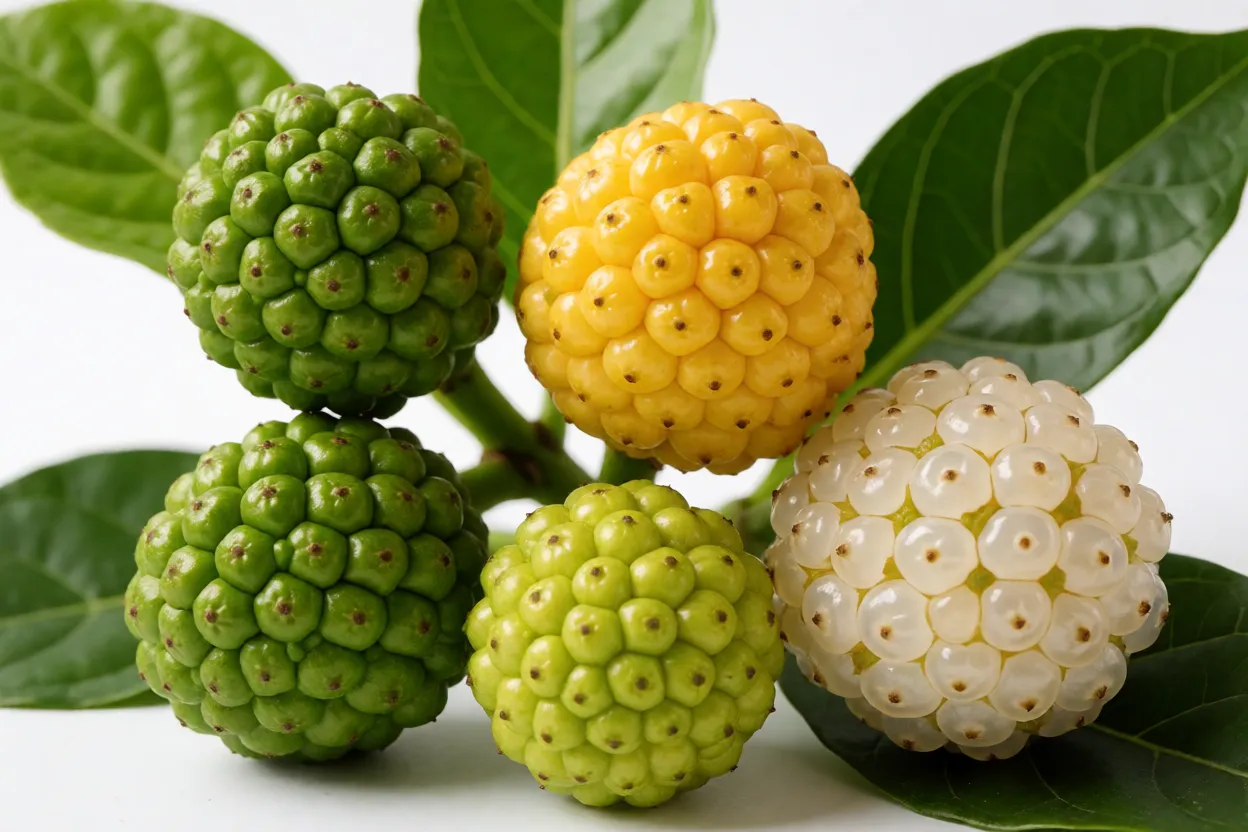 Frutos de noni em diferentes est&aacute;gios de matura&ccedil;&atilde;o