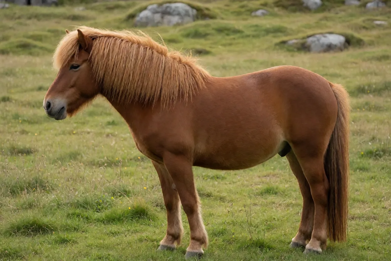 Cavalo Nordlandshest/Lyngshest adulto castanho em perfil na pastagem costeira