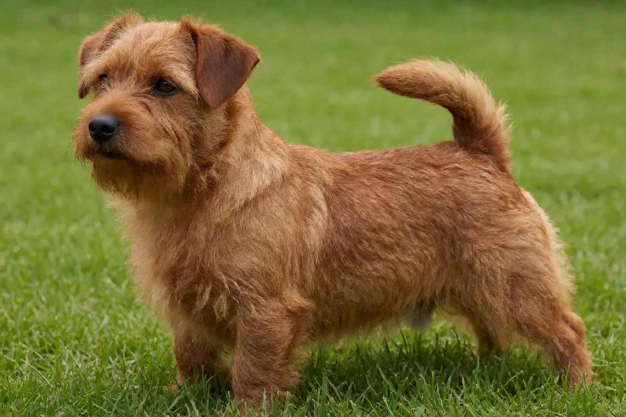 Norfolk Terrier: tamanho, personalidade, energia e como cuidar Norfolk Terrier vermelho de orelhas caídas em pé em gramado