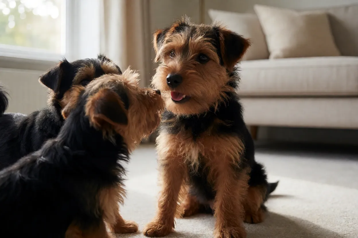 Norfolk Terrier: tamanho, personalidade, energia e como cuidar Filhote de Norfolk Terrier socializando com outros cães