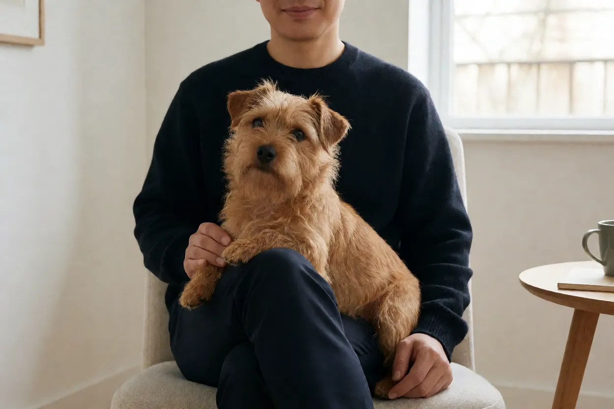 Norfolk Terrier: tamanho, personalidade, energia e como cuidar Norfolk Terrier deitado no colo de uma pessoa