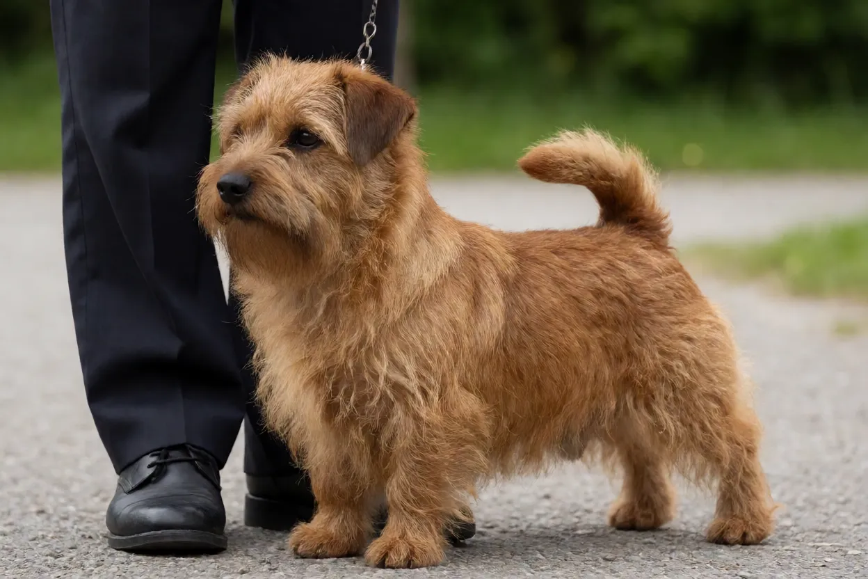 Norfolk Terrier: tamanho, personalidade, energia e como cuidar Norfolk Terrier adulto ao lado de uma pessoa para mostrar escala