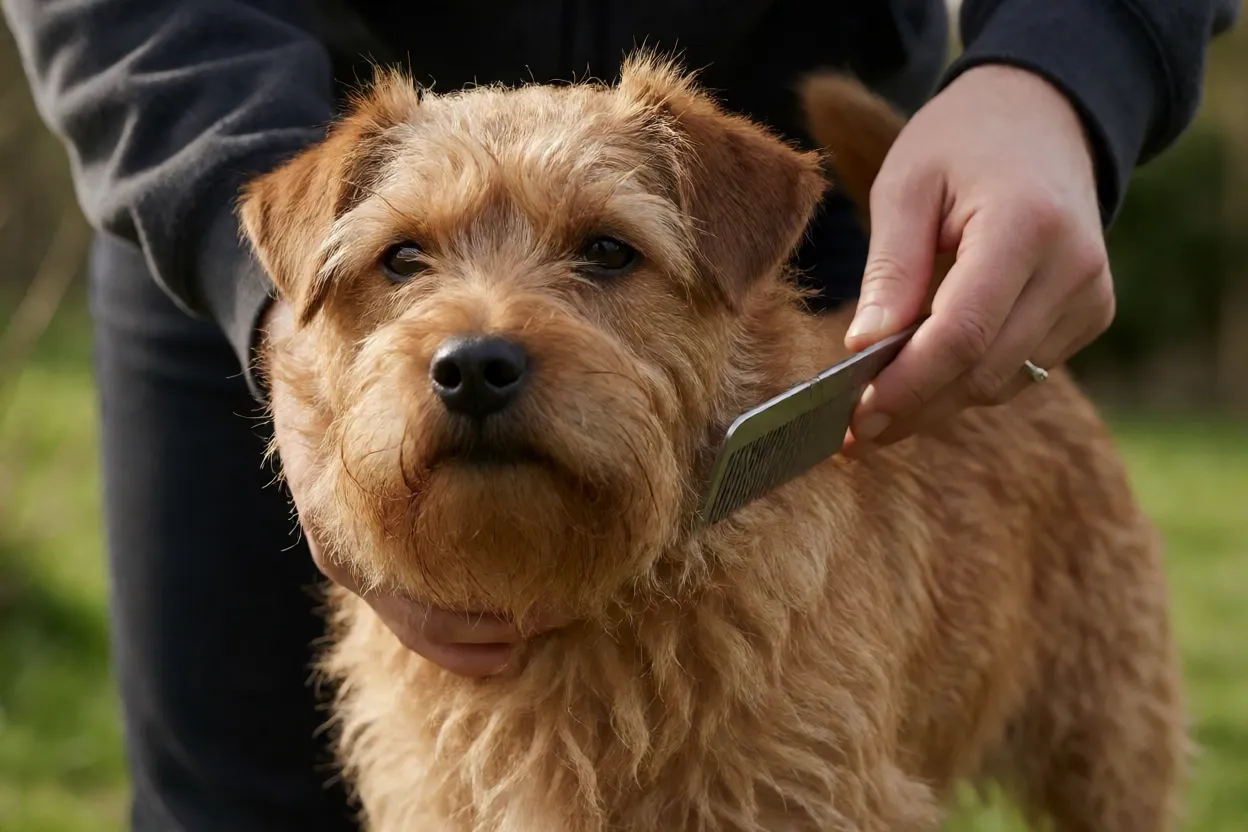 Norfolk Terrier: tamanho, personalidade, energia e como cuidar Norfolk Terrier sendo escovado com pente de metal