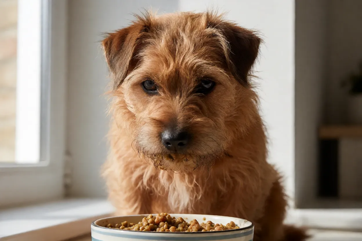 Norfolk Terrier: tamanho, personalidade, energia e como cuidar Norfolk Terrier comendo ração em comedouro