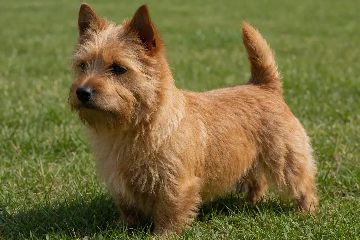 Norwich Terrier Norwich Terrier adulto de corpo inteiro em pé na grama, pelagem aramada avermelhada e orelhas eretas