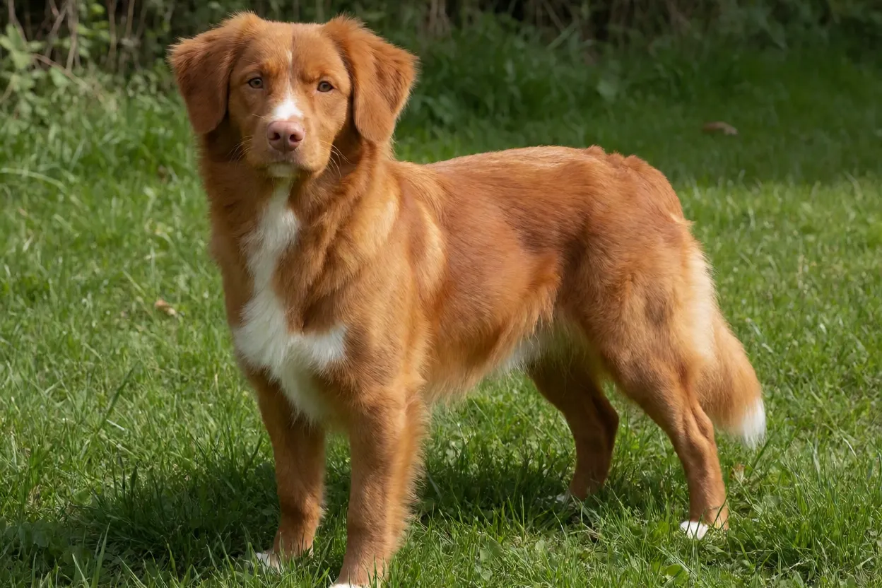 Nova Scotia Duck Tolling Retriever adulto de corpo inteiro em pé na grama, pelagem vermelha com peito e ponta da cauda brancos