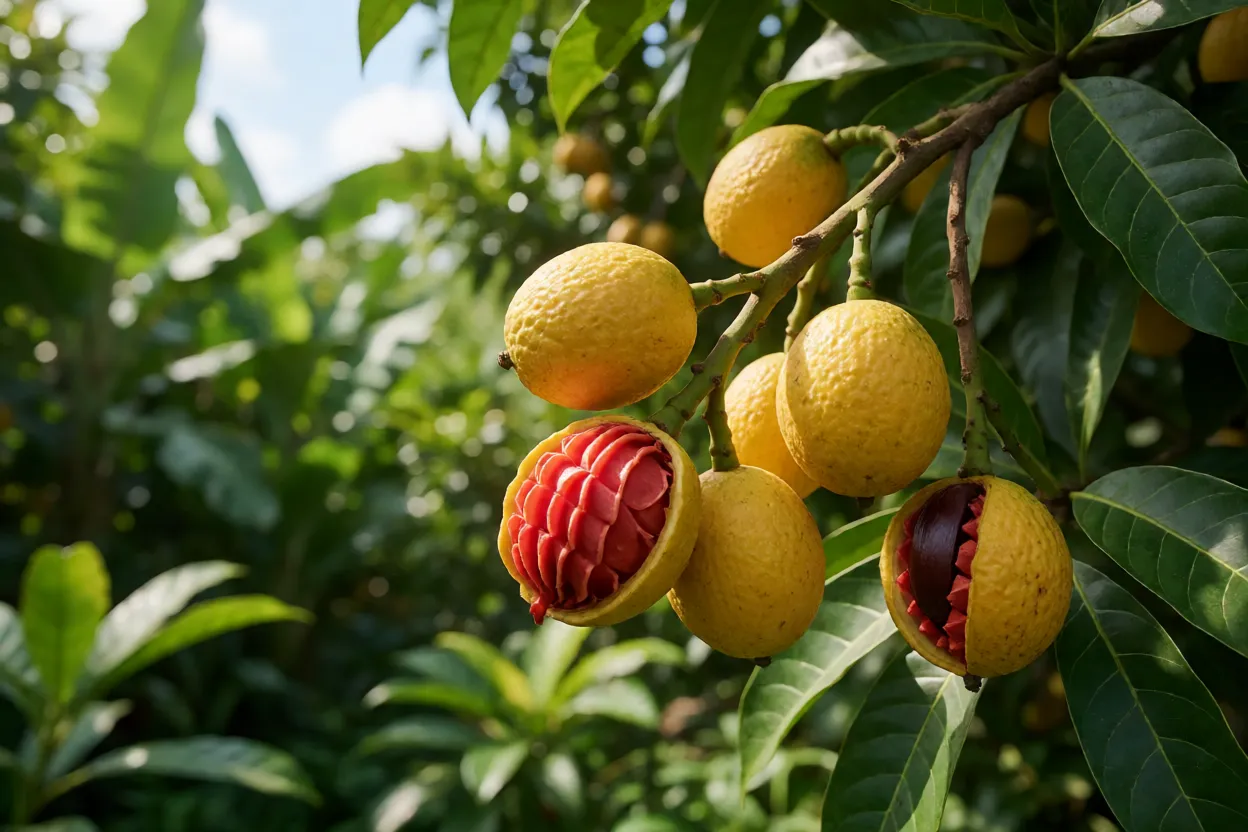 Árvore de noz-moscada com frutos maduros se abrindo mostrando o macis vermelho