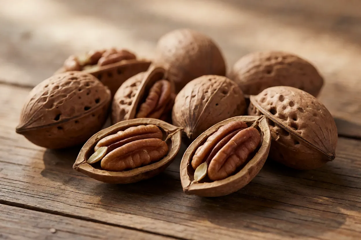 Nozes pecan Barton com casca e metades sem casca sobre mesa de madeira