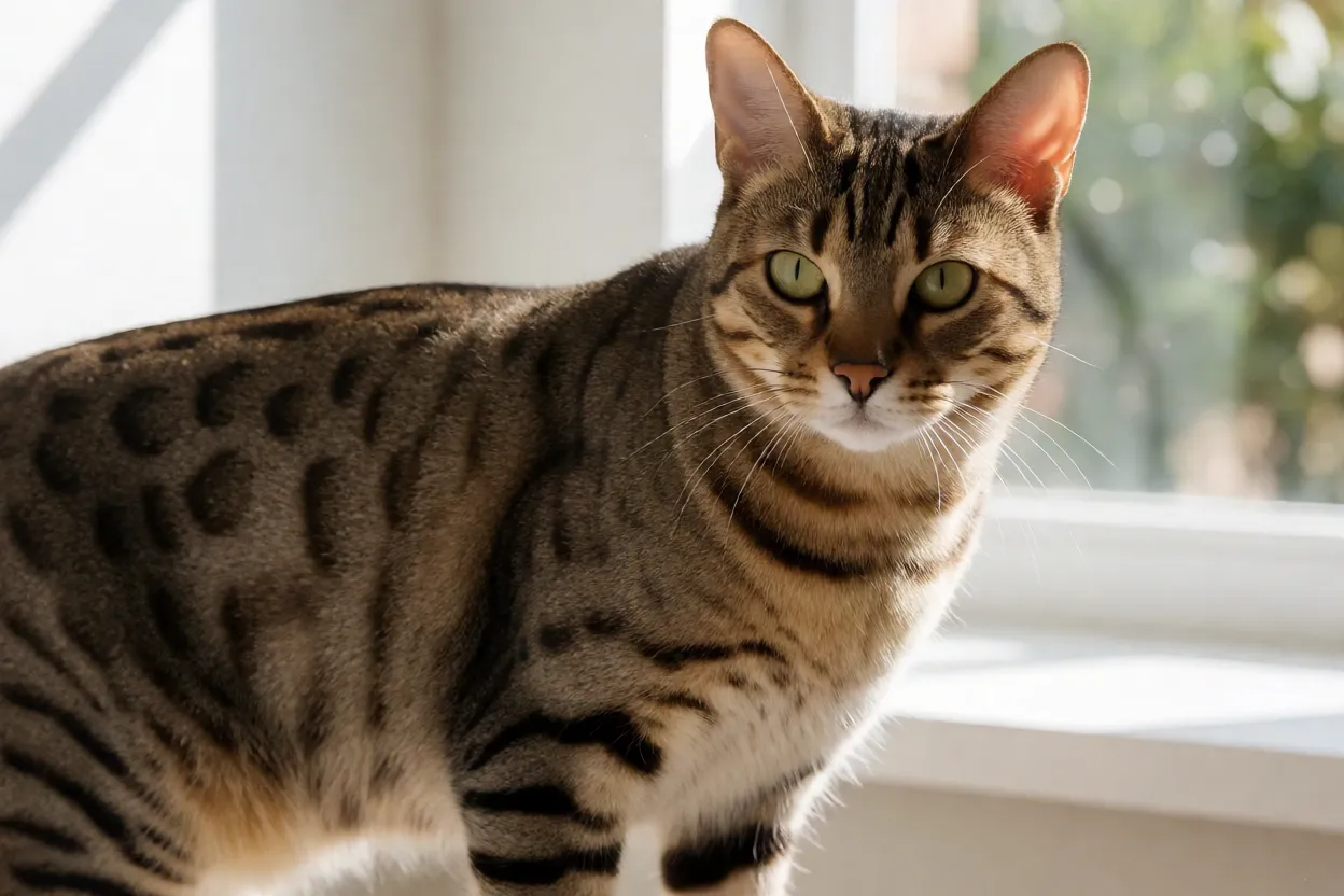 Ocicat adulto com manchas bem definidas em ambiente interno iluminado