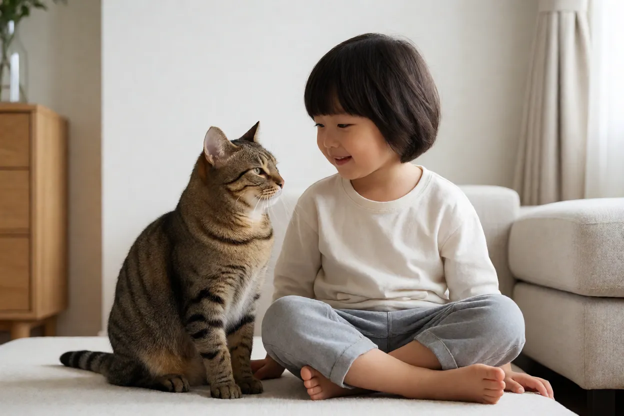 Ocicat calmo perto de crian&ccedil;a em ambiente dom&eacute;stico