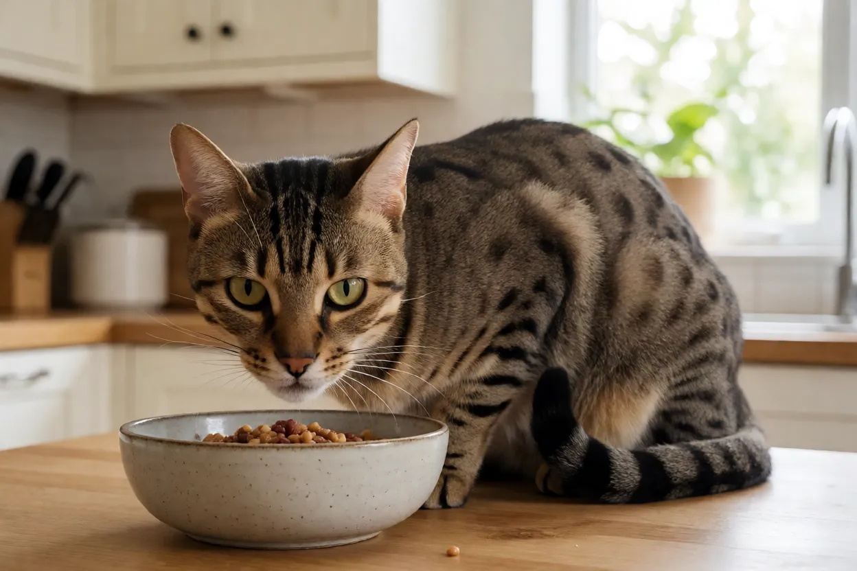 Ocicat comendo ra&ccedil;&atilde;o ou comida &uacute;mida em tigela