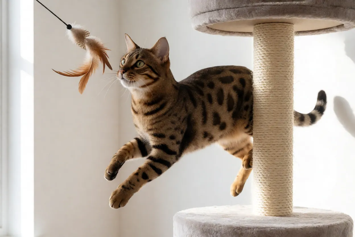 Ocicat brincando com brinquedo interativo ou empoleirado