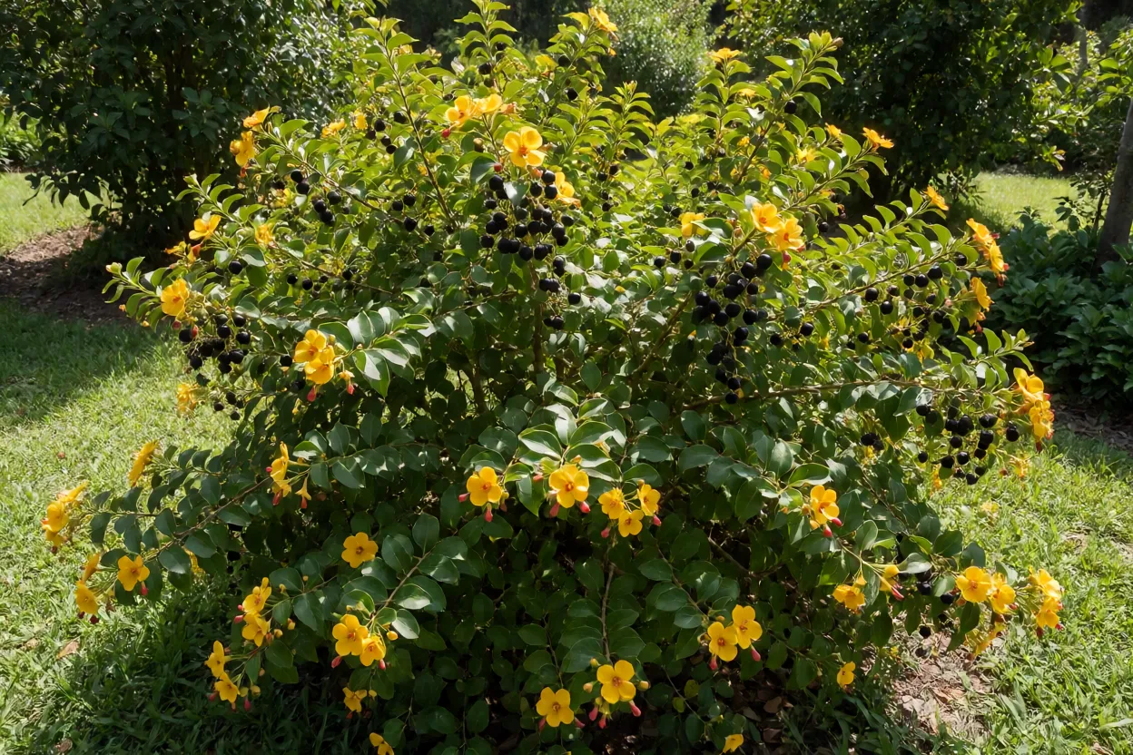 Ócna adulta florida em jardim ensolarado com flores amarelas e frutos pretos com sépalas vermelhas