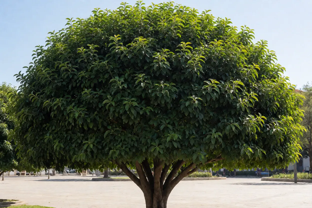 Oiti adulto com copa densa e arredondada em uma pra&ccedil;a arborizada