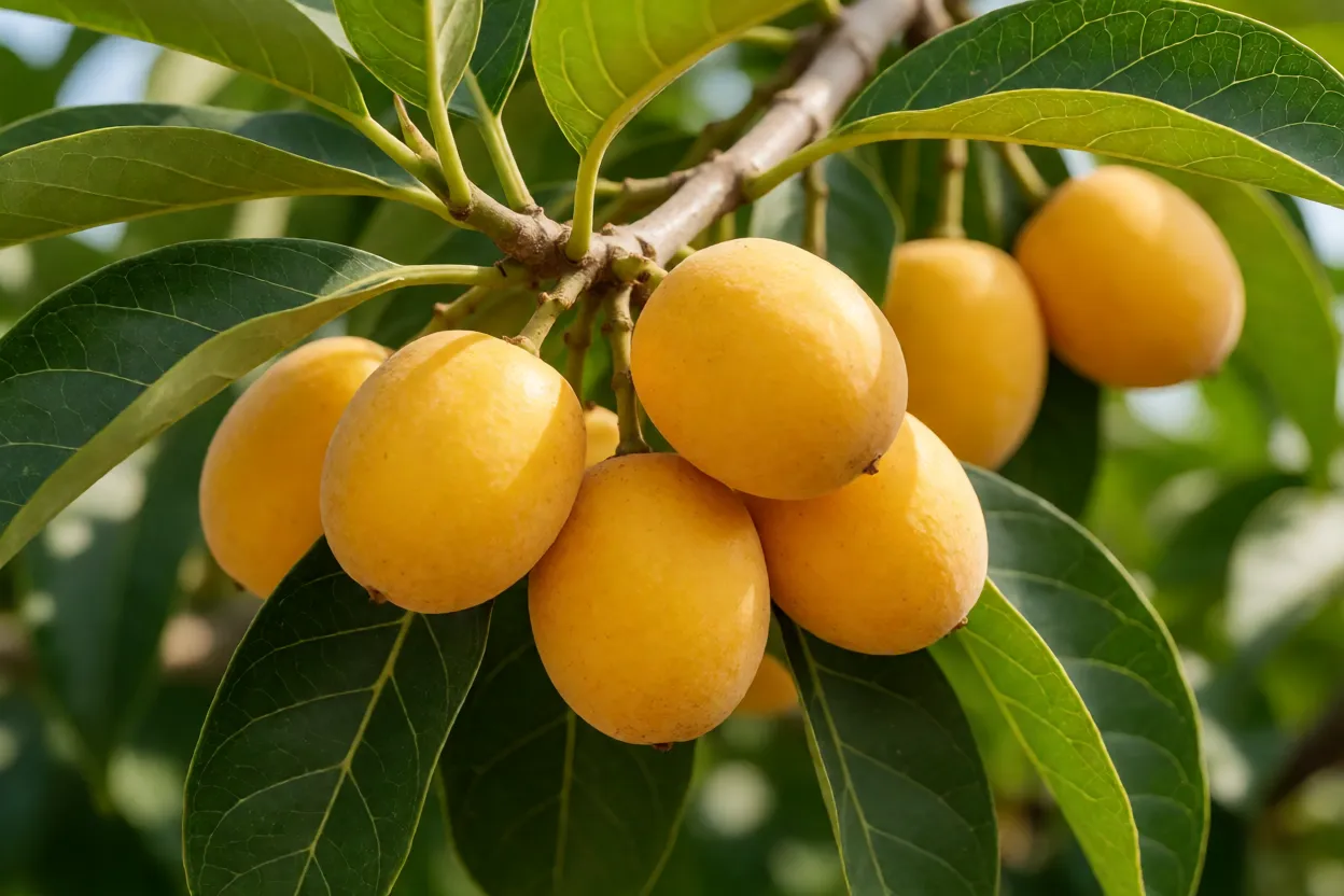 Frutos amarelo-alaranjados de oiti maduros no galho