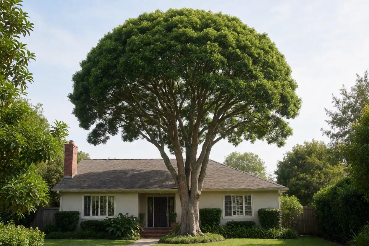 Oiti adulto mostrando altura e largura da copa ao lado de uma casa