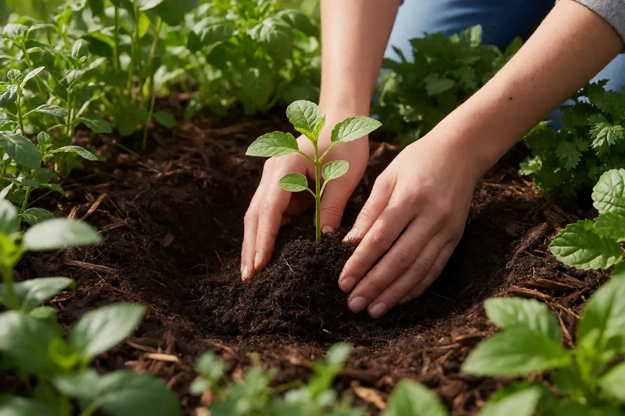 Muda de oiti sendo plantada em cova com composto org&acirc;nico
