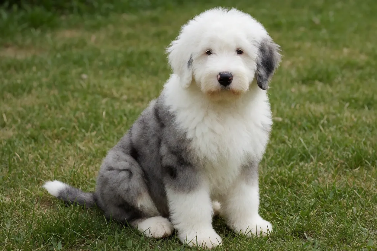 Old English Sheepdog: características, personalidade e cuidados com o cachorro Filhote de Old English Sheepdog com pelagem fofa cinza e branca