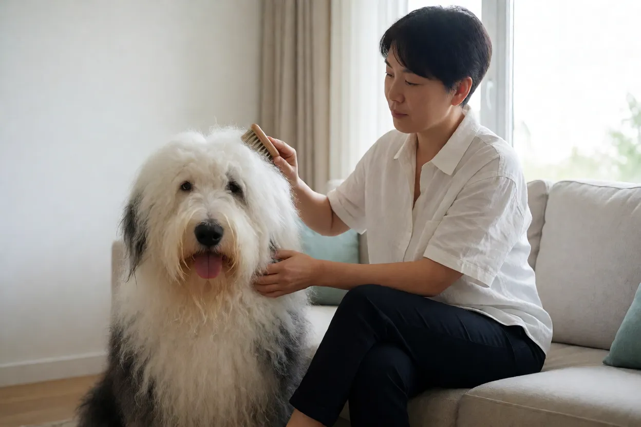 Old English Sheepdog: características, personalidade e cuidados com o cachorro Pessoa escovando a pelagem longa de um Old English Sheepdog