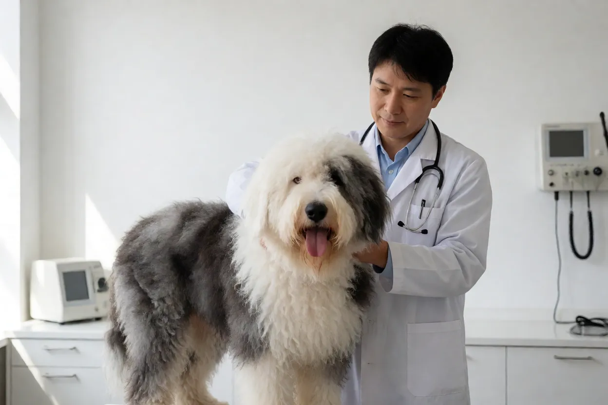 Old English Sheepdog: características, personalidade e cuidados com o cachorro Veterinário examinando um Old English Sheepdog