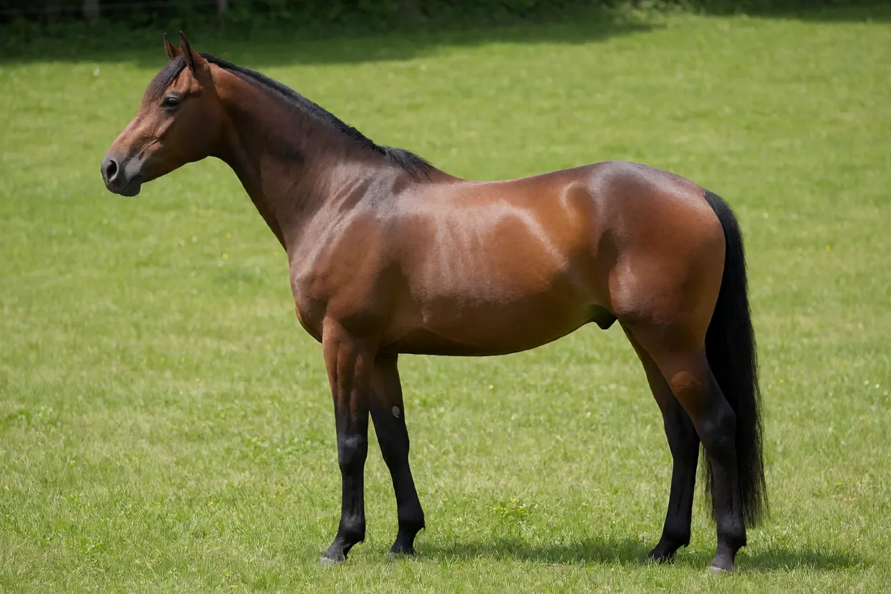 Cavalo Oldemburguês adulto castanho em pé de perfil no pasto