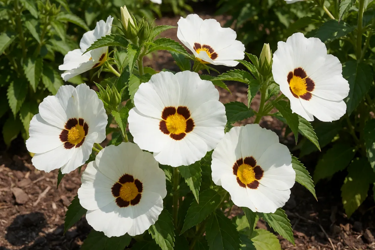 Olho-de-boneca (Turnera subulata) florida em canteiro a sol pleno