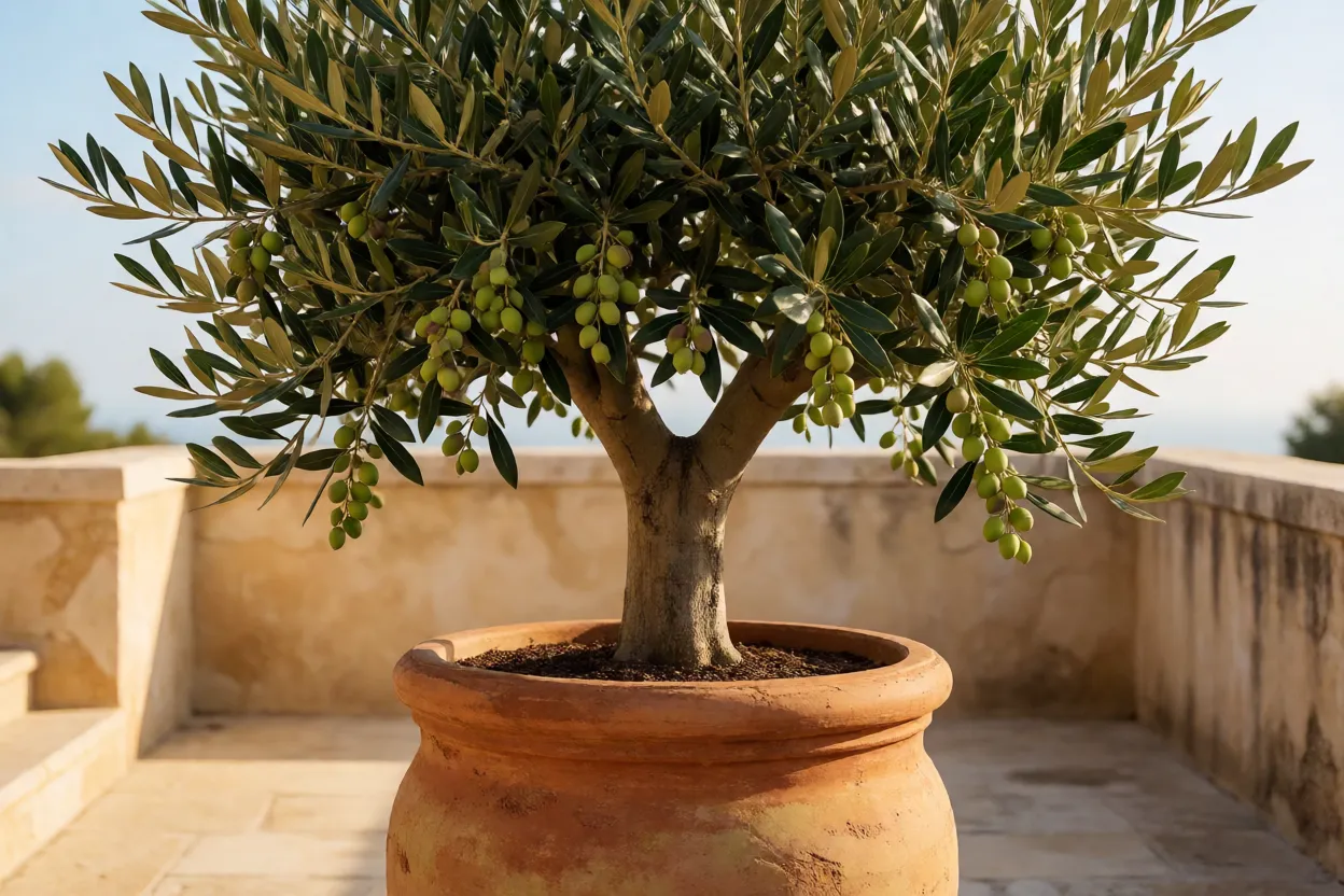 Oliveira cultivada em vaso grande em terra&ccedil;o ensolarado