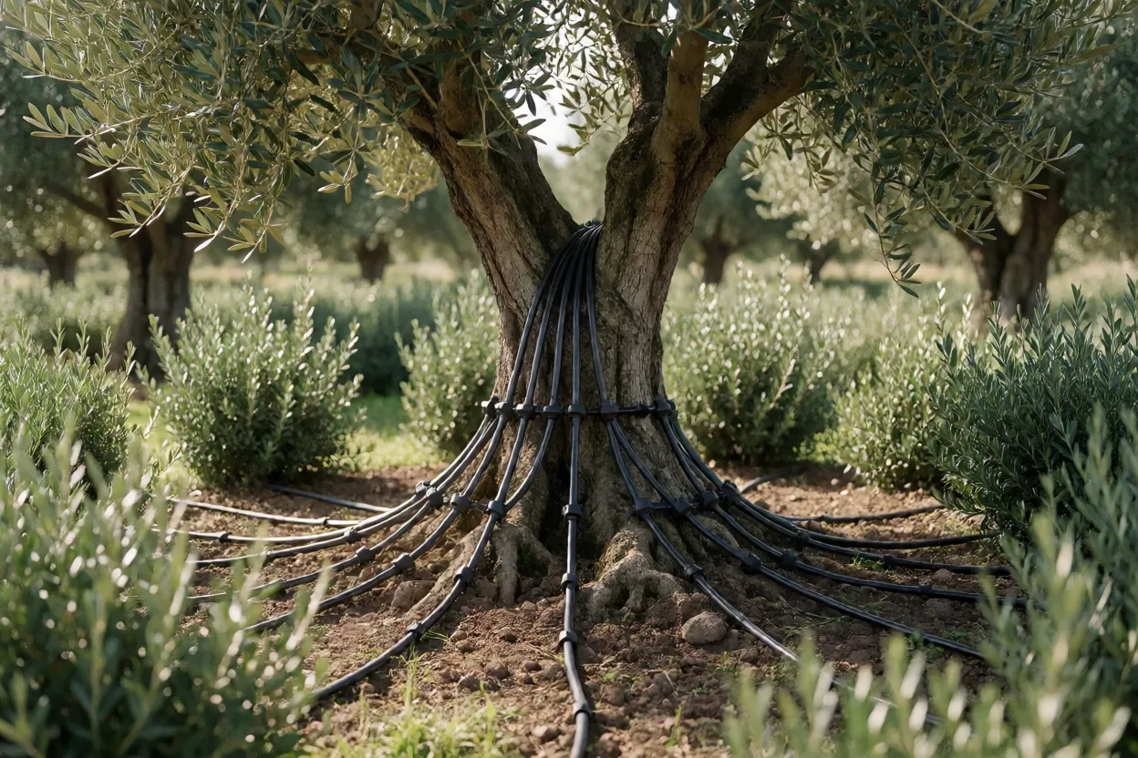 Sistema de irriga&ccedil;&atilde;o por gotejamento em p&eacute; de oliveira