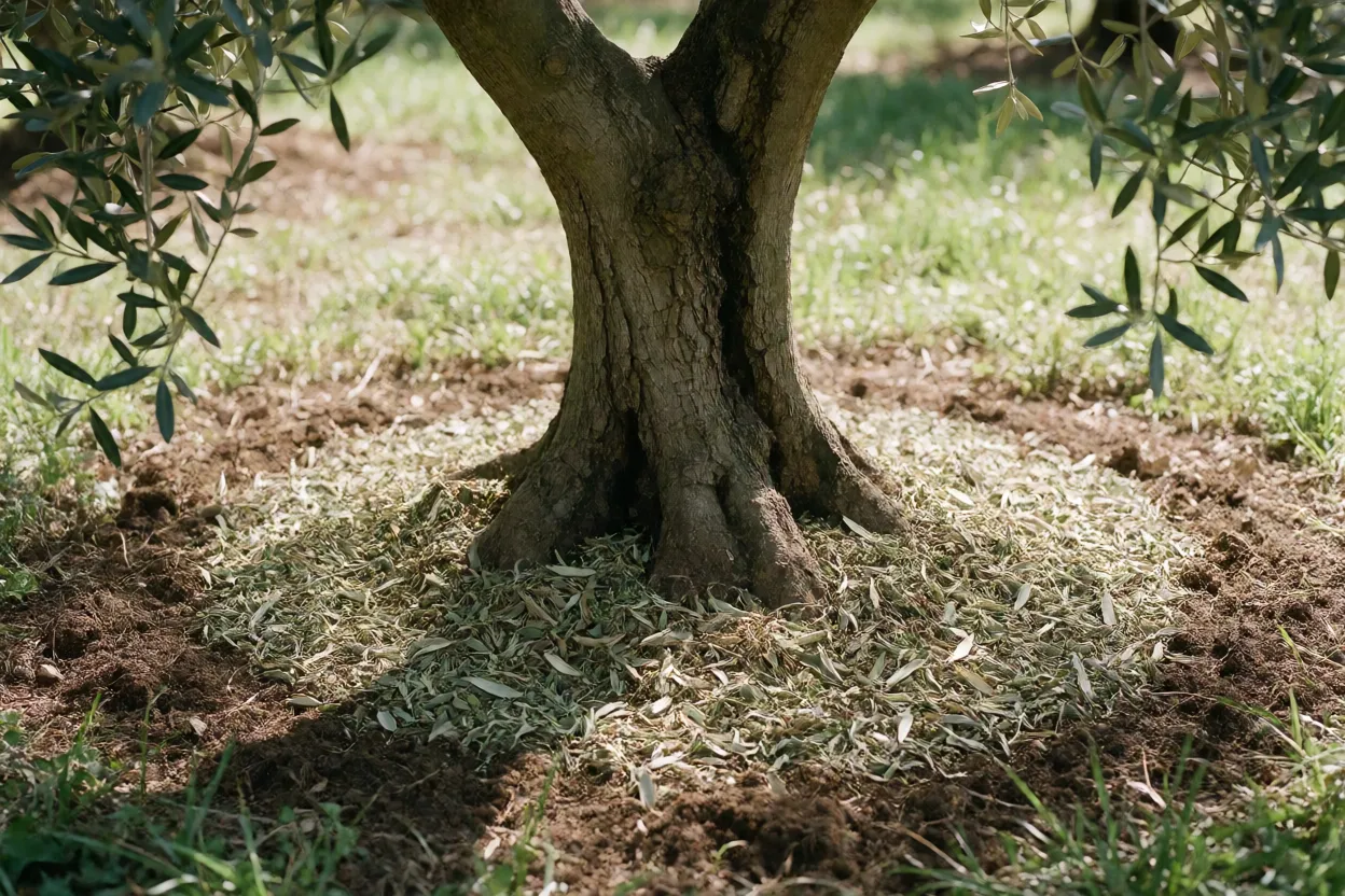 Aduba&ccedil;&atilde;o org&acirc;nica leve ao redor do tronco de oliveira