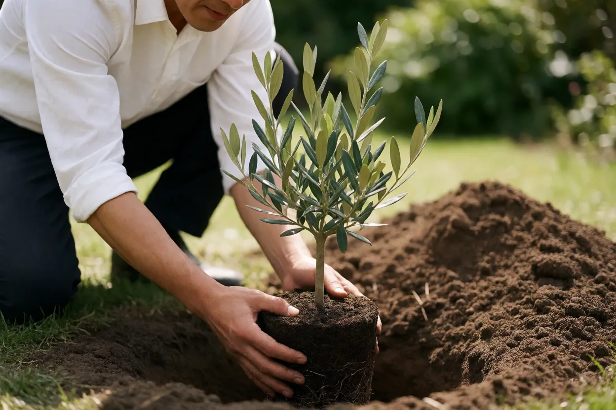 Muda de oliveira sendo plantada em cova preparada