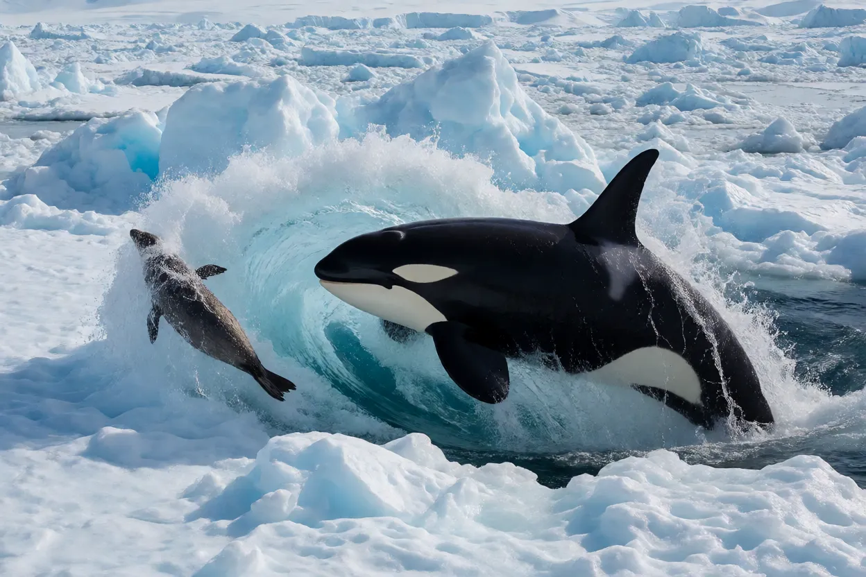 Orcas criando onda para caçar foca em bloco de gelo na Antártica