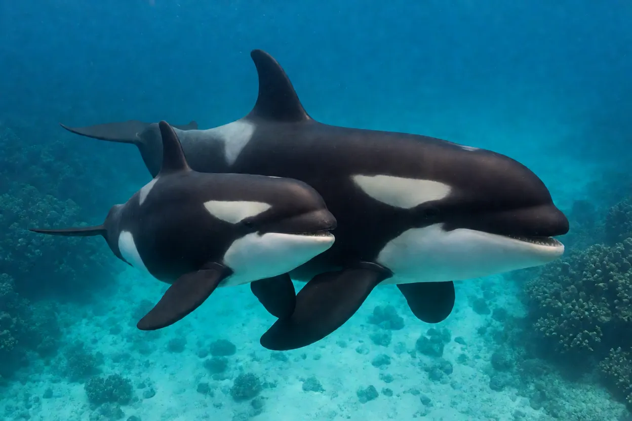 Orca-pigmeia Filhote de orca-pigmeia nadando ao lado da mãe