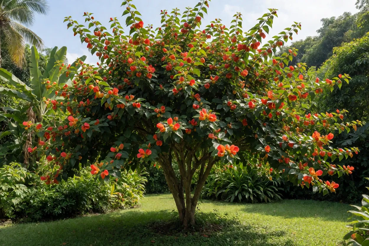 Orgulho-da-madeira arbusto florido no jardim com flores em forma de chapéu chinês vermelho-alaranjado