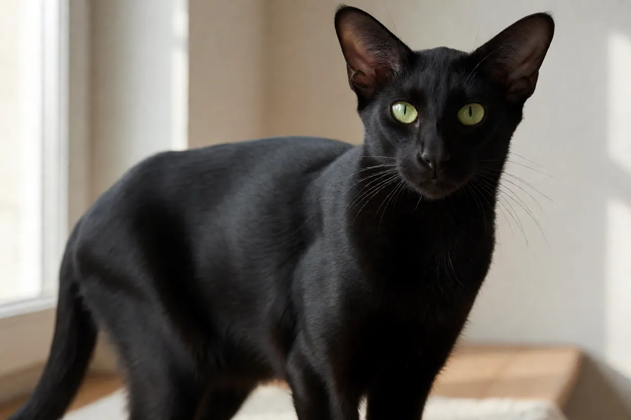 Oriental Shorthair adulto de pelagem preta s&oacute;lida com orelhas grandes e olhos verdes