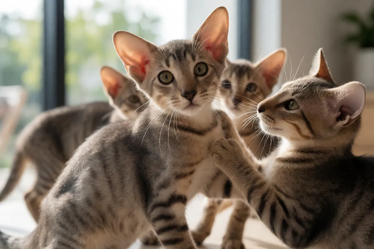 Filhote de Oriental Shorthair brincando com irm&atilde;os