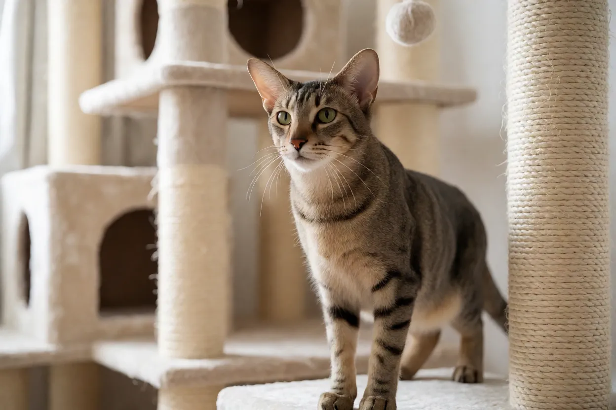 Ambiente preparado com &aacute;rvore de gato e arranhadores para Oriental Shorthair