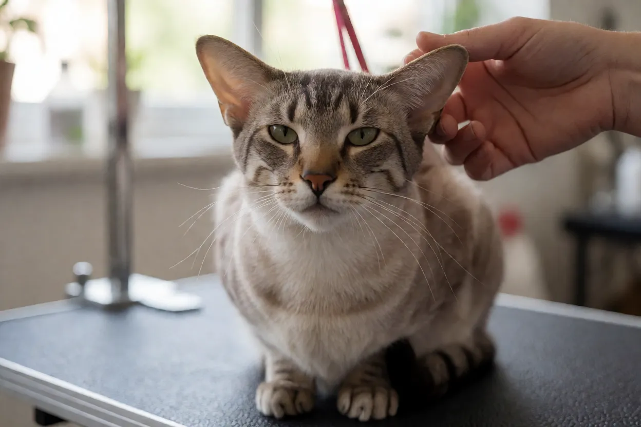 Oriental Shorthair sendo escovado e tendo orelhas verificadas